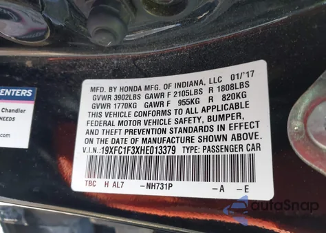 2017 Honda Civic Ex-T z USA, uszkodzony, nr VIN 19XFC1F3XHE013379